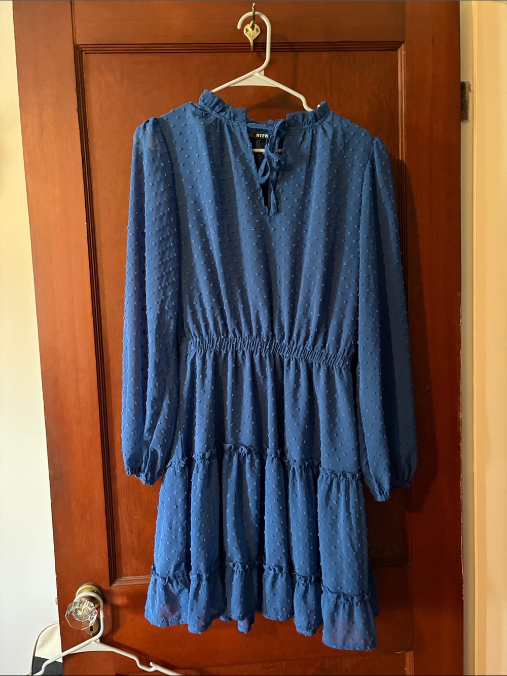 Blue Swiss Dot Tiered Long-Sleeve Dress